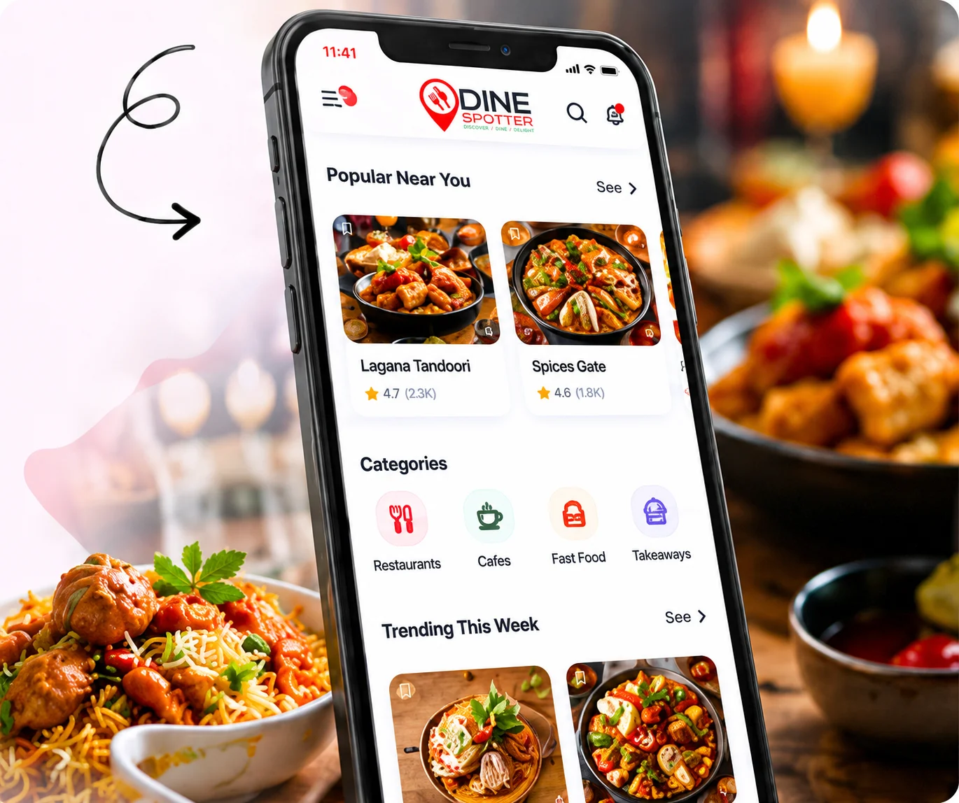 DineSpotter Mobile App Interface Displaying Nearby Restaurants